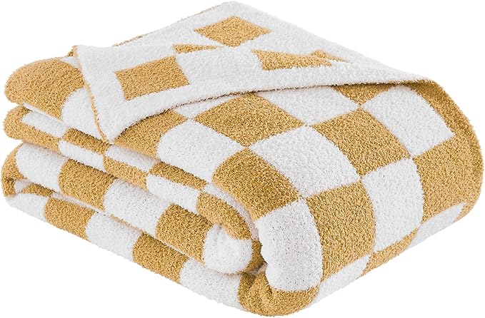 Checkered Throw Blanket for Couch, Soft Cozy Warm Knitted Blankets | Lightweight Fuzzy Travel Warm Decor for Women, Mom, Girls, Sofa, Chair, 60x80in, Khaki