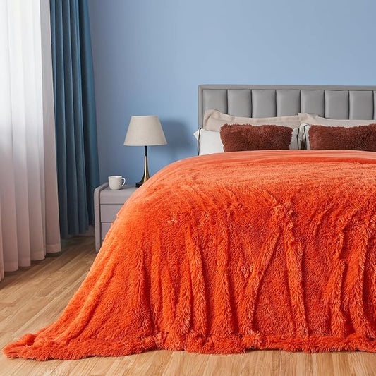 GONAAP Fuzzy Faux Fur Queen Blanket for Couch, Orange, 90"x90" | Warm Cozy Plush Shaggy Decorative Reversible Thick Non-Heated Fleece Blanket for Sofa Bed, Gift for Women Men, All Season Use
