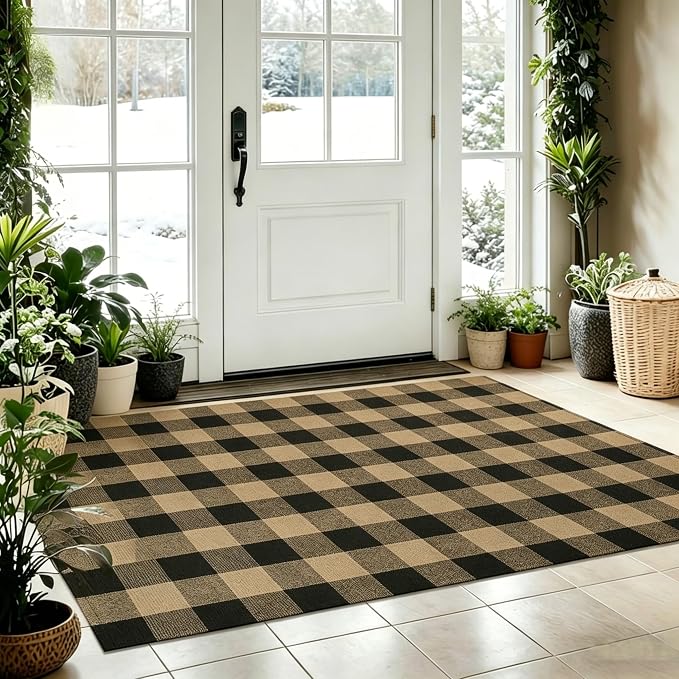 Buffalo Plaid Outdoor Rug 4x6 Ft Coffee and Black Checkered Area Rug Washable Indoor Outdoor Rugs for Entryway,Hallway, Kitchen, Living Room, Dining Room, Bedroom