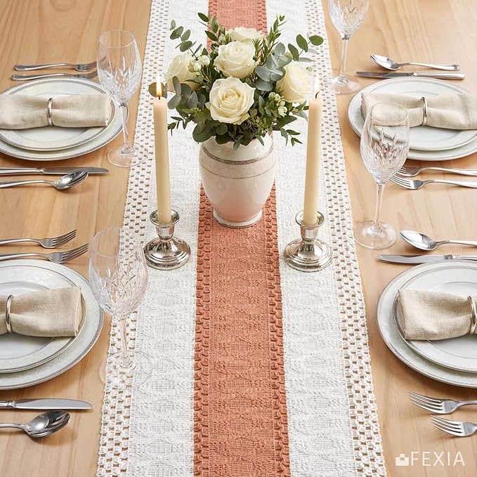 FEXIA Boho Table Runner for Home Decor 12x72 Coral Farmhouse Decorations | 72 Inches Long with Tassels Rustic Table Runner Macrame Burlap Centerpieces for Living Dining Room Bedroom Kitchen