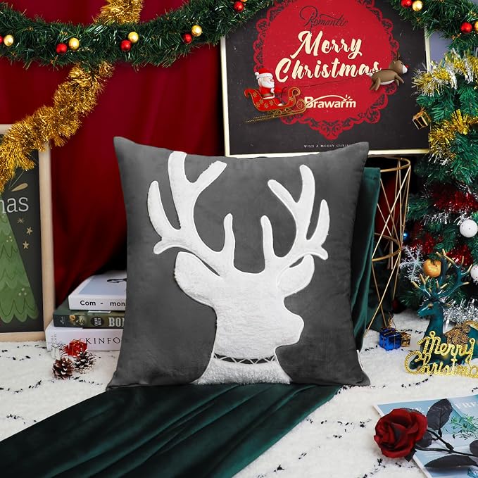 BRAWARM Christmas Pillow Cover 20 X 20 Inches, Gray Reindeer Embroidered Pillow Cover, Soft Velvet Decorative Throw Pillow for Couch Bed Sofa Living Room Home