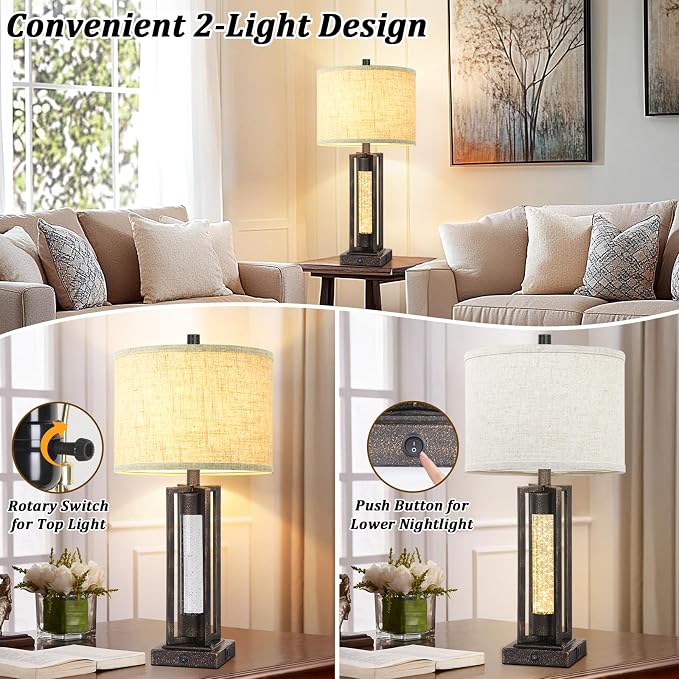 TOBUSA 26" Bronze Farmhouse Table Lamps Set of 2 with Crystal Night Light