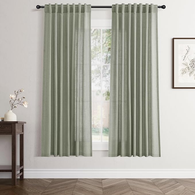 Jowels Sage Green Linen Curtains 60 Inch Long 2 Panels for Living Room | Light Filtering Semi Sheer Curtain, Back Tab Pocket Pleated Look, Boho Farmhouse Textured Privacy Drapes for Bedroom Window