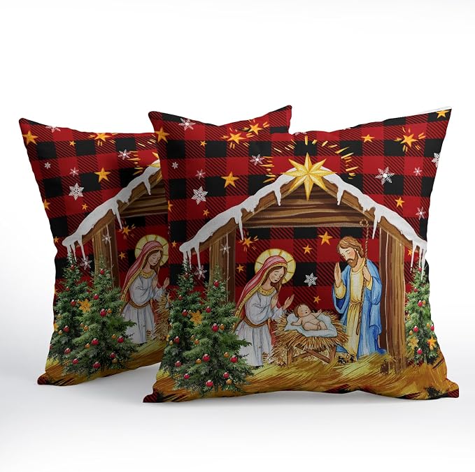 Jesus Nativity Throw Pillow Cover 16x16 Inch Set of 2 Xmas Red Buffalo Plaid Pillow Case Christma O Holy Night Winter Holiday Cushion Case for Home Living Room Couch Sofa Decor