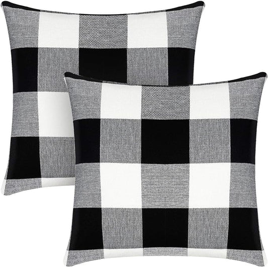 Syntus Set of 2 Buffalo Check Throw Pillow Covers Farmhouse Outdoor Plaid Square Pillow Cushion Case Black and White Polyester Linen for Christmas Thanksgiving Decor Car Bed Sofa, 18 x 18 inches