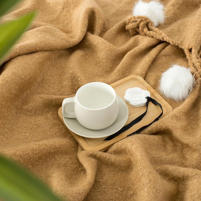 Camel Pom Pom Throw Blanket for Couch, 50"X60" Soft Lightweight Knitted Farmhouse Decorative Blankets for Bed and Sofa