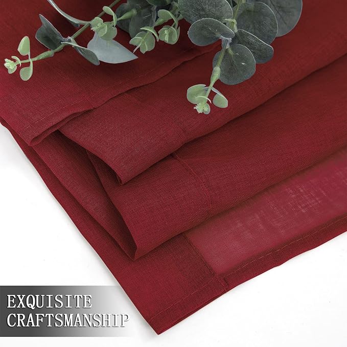 Tollpiz Short Sheer Curtain Linen Textured Bedroom Curtains Sheer Light Filtering Rod Pocket Voile Curtain for Living Room, 54 x 54 inches Long, Burgundy Red, Set of 2 Panels
