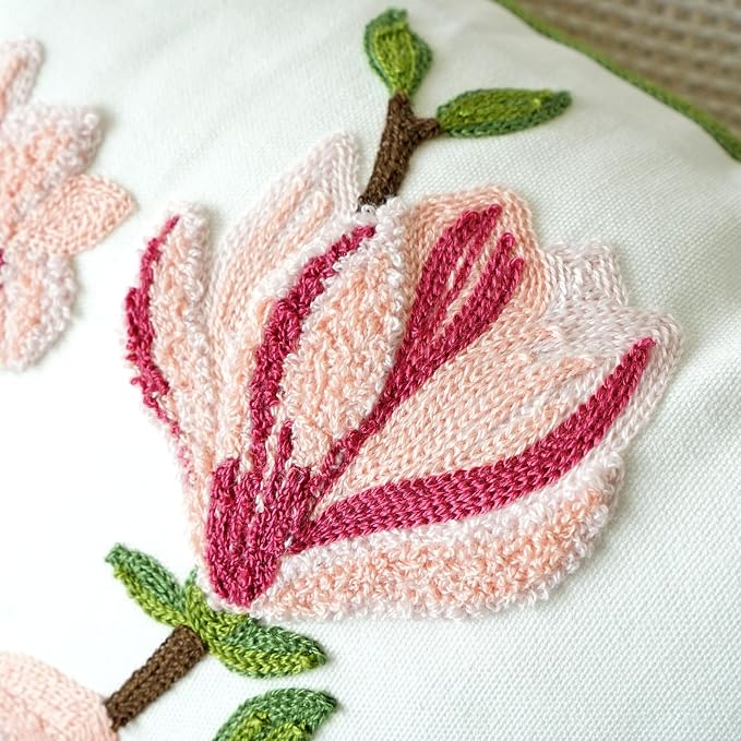 vctops Farmhouse Magnolia Flower Cotton Tufted Throw Pillow Cover Spring Floral Embroidery Pillowcase Soft Square Cushion Case for Sofa Couch Bed Chair (Pink E,18"x18")