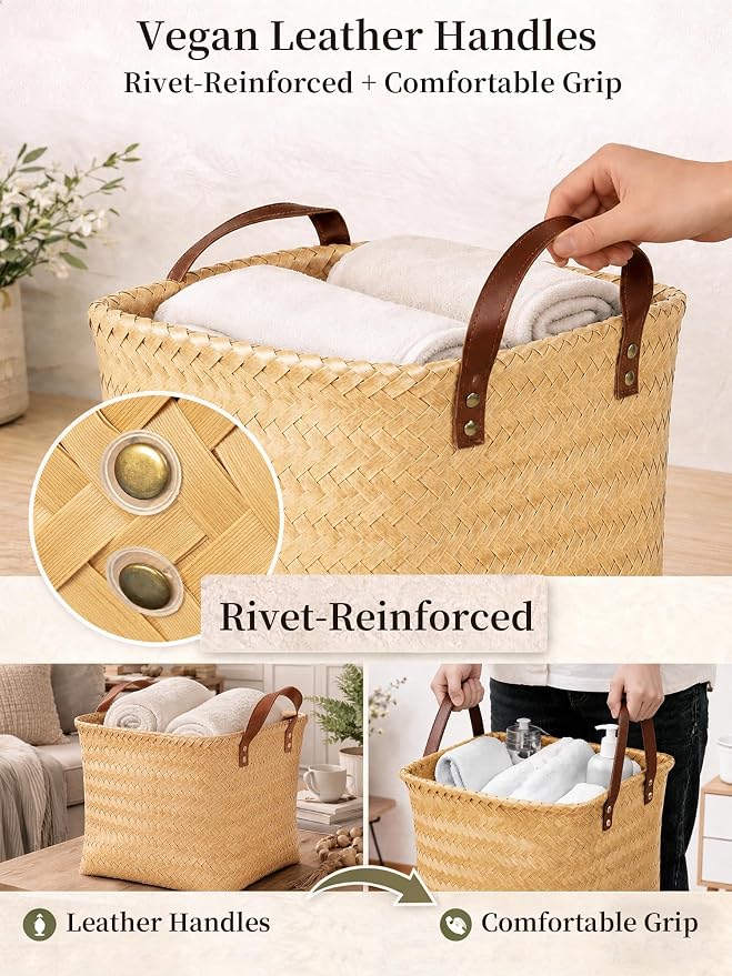 Wicker Storage Baskets, 4 Pack Woven Baskets for Shelves, Yellow | PP Rattan, Water-resistant Wicker Basket, Large Baskets with Faux Leather Handles for Blanket, Laundry Organizer, Room Decor