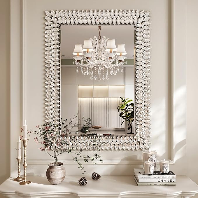 Kelly Miller 30"x40" Jeweled Luxury Rectangle Decorative Wall Mirror | Elegant diamond beveled vanity mirror. Perfect large wall mirror for living room, bathroom, entryway.