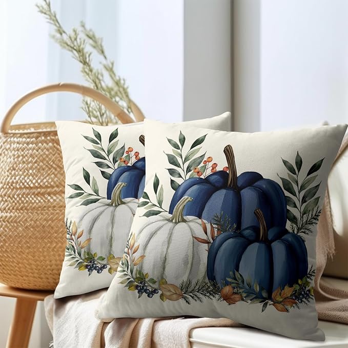 Pumpkins Throw Pillow Covers 22x22 inch 2 Packs Fall Blue and White Pumpkin Pillowcase Autumn Thanksgiving Vintage Outdoor Decorations Cotton Linen Cushion Cover for Home Bedroom Sofa Chair