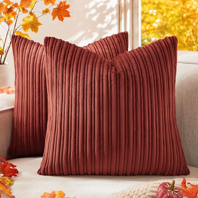 Kevin Textile Striped Corduroy 20”x20” Pillow Covers 2 Pack, Burnt Brick