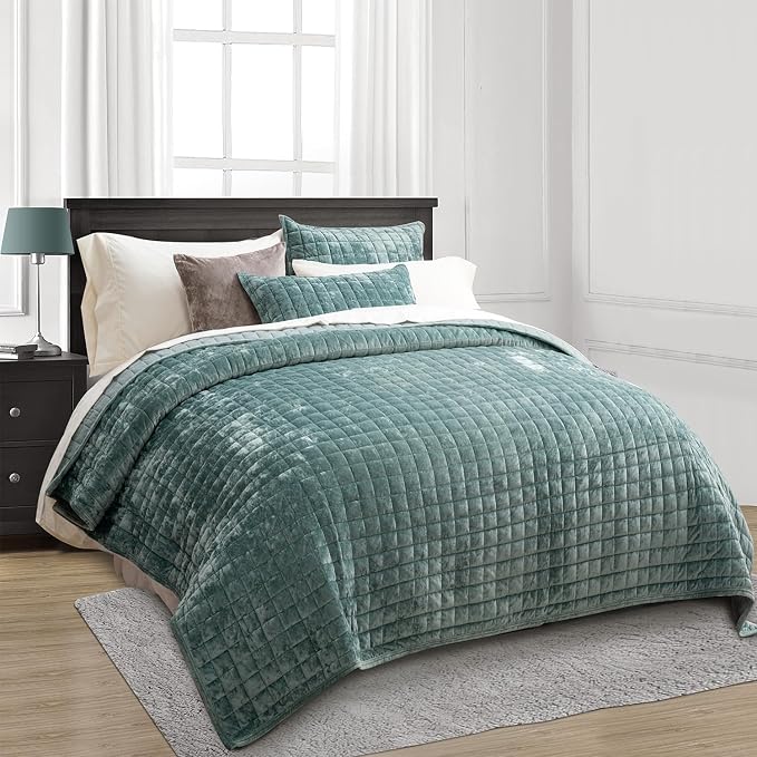 RECYCO Channel Box Stitch Velvet Quilt Set, Full Queen Size, Aqua Green | Ultra Soft Lightweight Velvet Comforter, Luxury Oversized Bedspread Coverlet, Quilted Bedding Set for All Season with 2 Shams