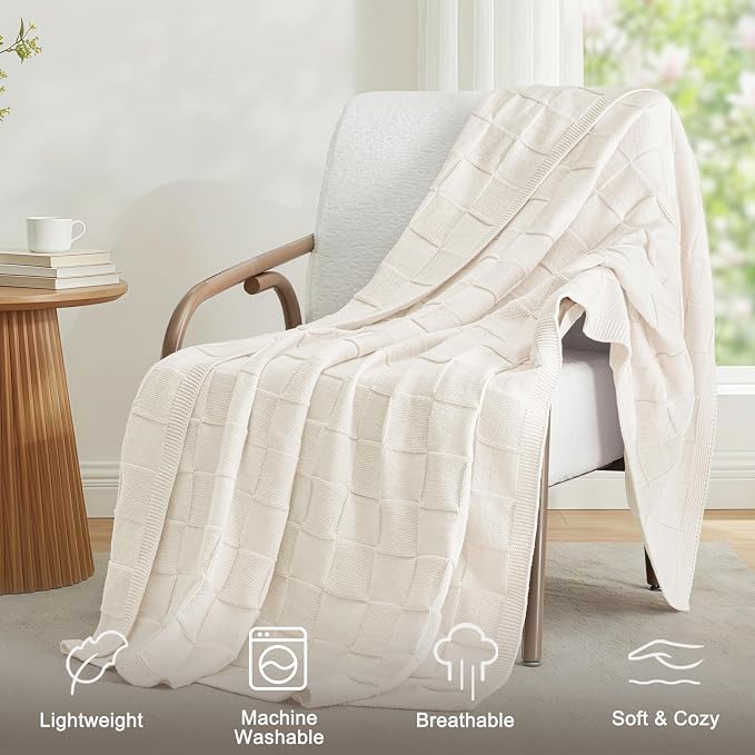 Whale Flotilla Checkered Knit Throw Blanket for Couch, Ivory | Soft Decorative Knitted Blankets for Couch Sofa Bed, Lightweight Cozy Throws for Spring Summer, 60x80 Inch