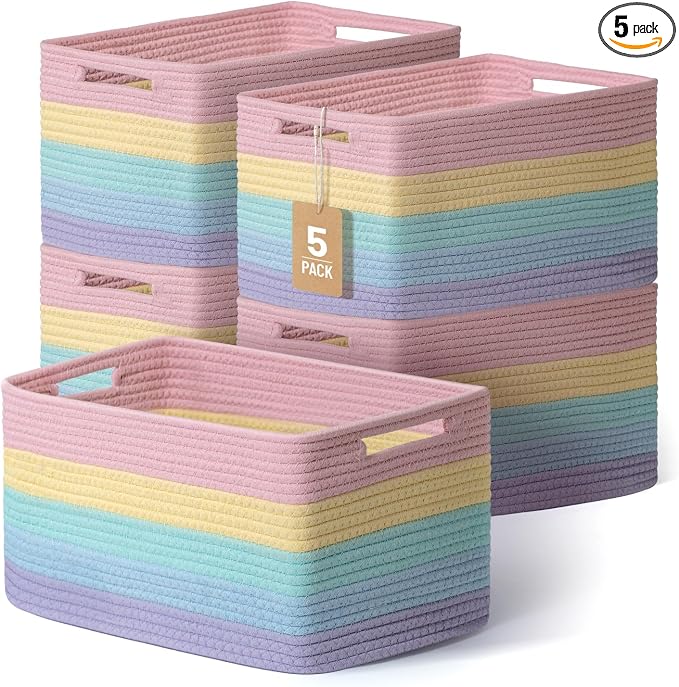 5 Pack Woven Storage Baskets, Decorative Storage Bins for Organizing | 13.8'' × 9.8'' × 7.9'', Cute Cotton Rope Basket Organizer for Closet, Shelves, bathroom, Nursery, Toys, Books, Rainbow