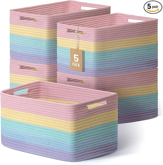 5 Pack Woven Storage Baskets, Decorative Storage Bins for Organizing | 13.8'' × 9.8'' × 7.9'', Cute Cotton Rope Basket Organizer for Closet, Shelves, bathroom, Nursery, Toys, Books, Rainbow
