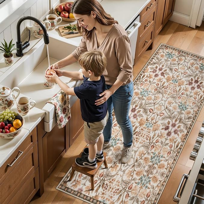 Ciicool 2x6 Runner Rug Non Slip，Floral Washable Kitchen Rugs for Hallways | Entryway Rug for Laundry Bedroom Bathroom Bedside,Boho Soft Low Pile Carpet Indoor Floor Mat Decor