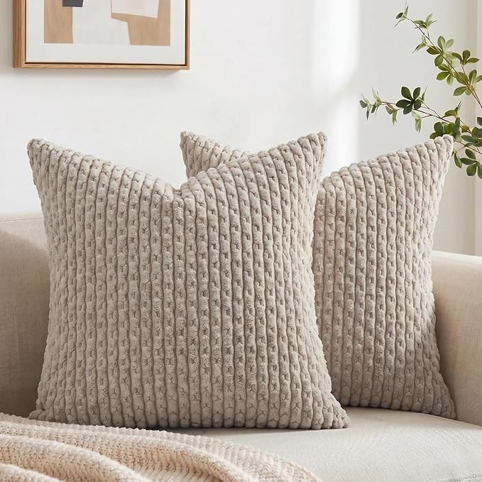 Fancy Homi Set of 2 Neutral Taupe Decorative Throw Pillow Covers 18x18 Inch for Couch Bed Sofa Bedroom, Modern Farmhouse Boho Home Decor, Soft Fluffy Textured Corduroy Cute Cushion Case 45x45 cm