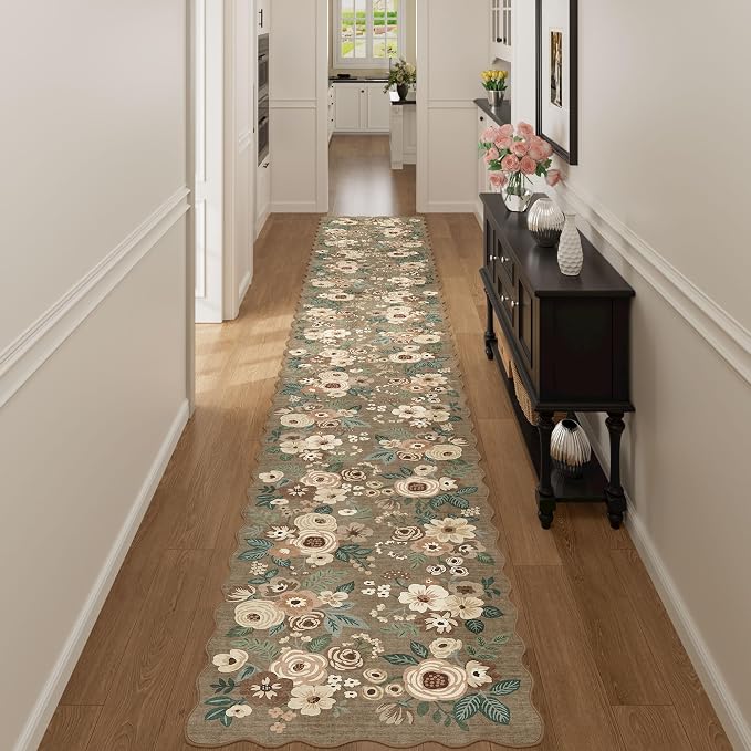 DUKINO 2x12 Washable Runner Rug, Long Runner Rug for Hallway, Light Taupe | Non Slip, Low Pile, Soft Floral Throw Rug Runner for Kitchen, Entryway, Bedroom, Bathroom, Pet Friendly, Modern Home Decor