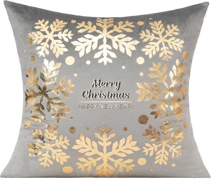 All Smiles Gray Gold Christmas Decorations Throw Pillow Covers Cases 12X20 Set of 2 Winter Xmas Indoor Home Holiday Décor Ornaments Velvet Navidad Cushion for Sofa Tree Snowflake Reindeer