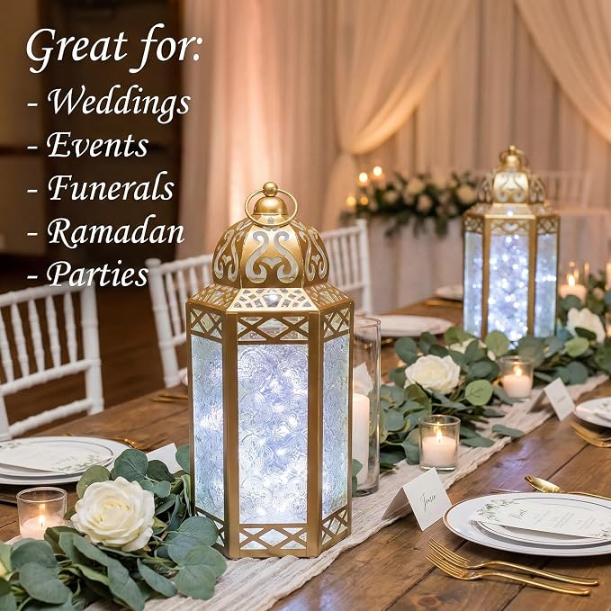 Vela Lanterns Decorative Indoor Fairy Light Ramadan Candle Holder, Gold, L | Turkish & Moroccan Decor, Eid Mubarak Decorations, Wedding Table Centerpieces, Metal Hanging Lamp, Porch Patio, 12" Tall