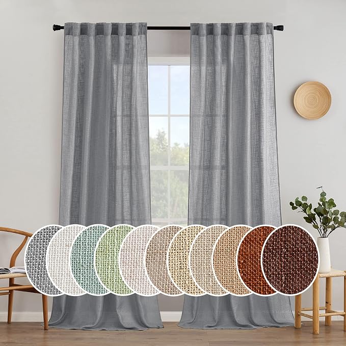 MIULEE Grey Linen Curtains 52x90 Inch Long for Bedroom Living Room 2 Panels | Soft Thick Linen Textured Window Drapes, Gray Semi Sheer Light Filtering, Back Tab Rod Pocket, Burlap Look Decor