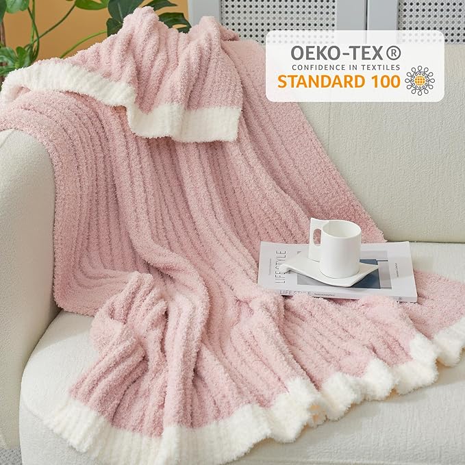 Snuggle Sac Fluffy Ribbed Pink Blanket Twin Size, Soft Luxurious Knit Throw, Fuzzy Plush Microfiber Blankets for Couch, Sofa, Bed, Pink, 60x80 inches