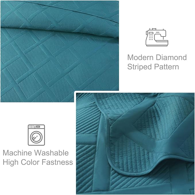 Exclusivo Mezcla Quilts Queen Size, Teal | Soft Bedspreads with 2 Pillow Shams, Modern Striped Pattern, Lightweight Bedding Set Coverlets for All Seasons, 90x96 Inch