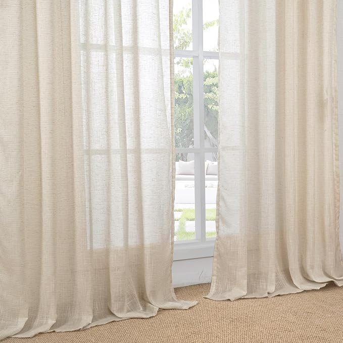 BGment Tan Linen Curtains 84 Inch Length 2 Panels Burlap Semi Sheer Drapes | Light Filtering Natural Window Treatments with Rod Pocket for Farmhouse Bedroom Living Room Decor, 52 X 84 Inch