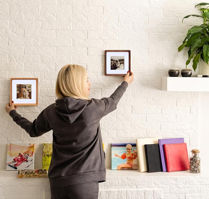 Square 6x6 Picture Frame with Mat for 4x4, USA-Sourced Natural Walnut Wood Handcrafted Rounded Corner with Real Glass, Vertical or Horizontal Display Photo Gallery Wall & Tabletop Frame