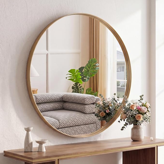 Sweetcrispy Round Bathroom Mirror for Over Sink, 28 Inch Wall Vanity Mirror | Matte Metal Frame Over Sink, Home Decor Living Room, Bedroom Hang Mount, Gold