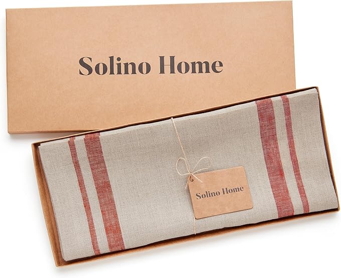 Solino Home 100% Pure Linen Table Runner, 14 x 108 in, Red, French Stripe | brings a tailored look to family meals and hosting, woven stripe, European flax fibres, machine washable, OEKO-TEX Certified