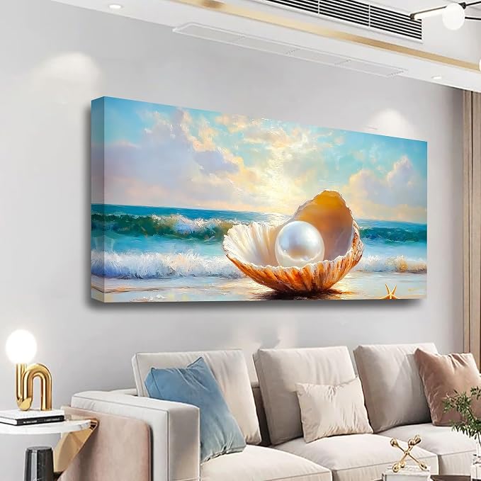 Seashells Pearls Pictures Canvas Wall Art Living Room Office Bedroom Wall Decor Sea Landscape Wall Art Prints Modern Blue and White Landscape Artwork Waterproof Ready to Hang - 20x40 inches