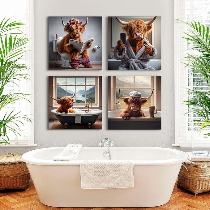 Rustic Cow Wall Art Funny Bathroom Wall Decor Abstract Wildlife Pictures for Kids Farmhouse Animal Posters Country Highland Cow Canvas Prints Longhorn Cattle Artwork Bedroom Home Decoration 20x20" 4P
