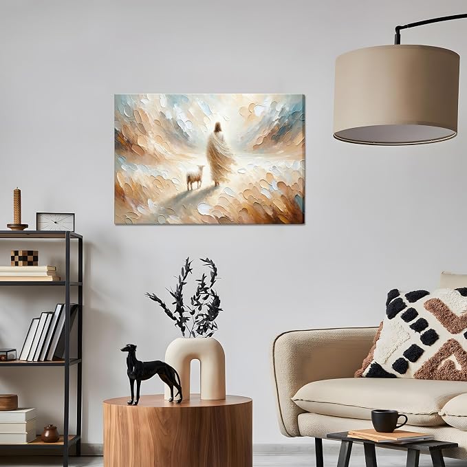 Jesus Leaves the 99 Sheep Canvas Wall Art, Christian Jesus Lamb Wall Decor Painting, The Lost Sheep Bible of Parable Posters Prints for Living & Prayer Room Church Home Decor 24x36 In Framed