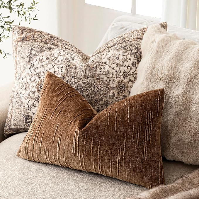 Foindtower Pack of 2 Slubby Textured Chenille Throw Decorative Pillow Covers Lumbar Accent Solid Cushion Cover Neutral Farmhouse Pillow Case for Couch Sofa Bedroom Living Room 12x20 Inch,Dark Bronze
