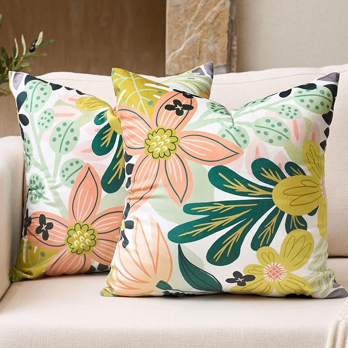Tyrot Boho Floral Velvet Throw Pillow Covers 18x18 Inch Set of 2 Farmhouse Cushion Covers Mid Century Modern Botanical Home Decor Accent Pillow Cases for Couch Bed Sofa Living Room, Bedroom, Green