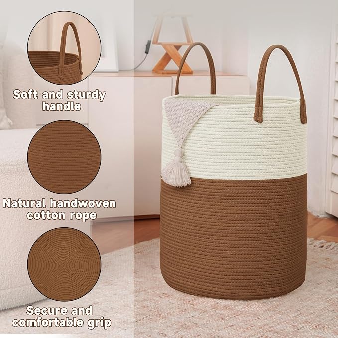JMvicyroam 100L Cotton Rope Laundry Basket Hamper, White and Brown | Collapsible laundry basket, reinforced handles, freestanding, machine washable, holds 3-5 thick blankets, clothes or toys