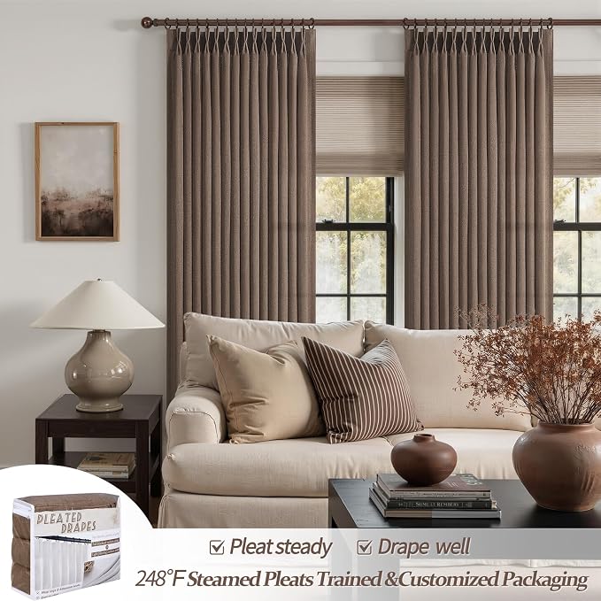 Linen Pleated Dark Brown Curtains 96 Inches Long for Sliding Glass Doors, Memory Trained Semi Sheer Drapes Light Filtering Non See Through Rustic Windows Curtain 2 Panels Set 8FT Length with Back Tab