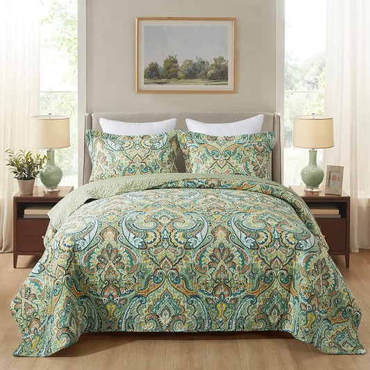 NEWLAKE Cotton Bedspread Quilt Sets - Reversible Patchwork Coverlet Set, European Green Floral Pattern, California King Size