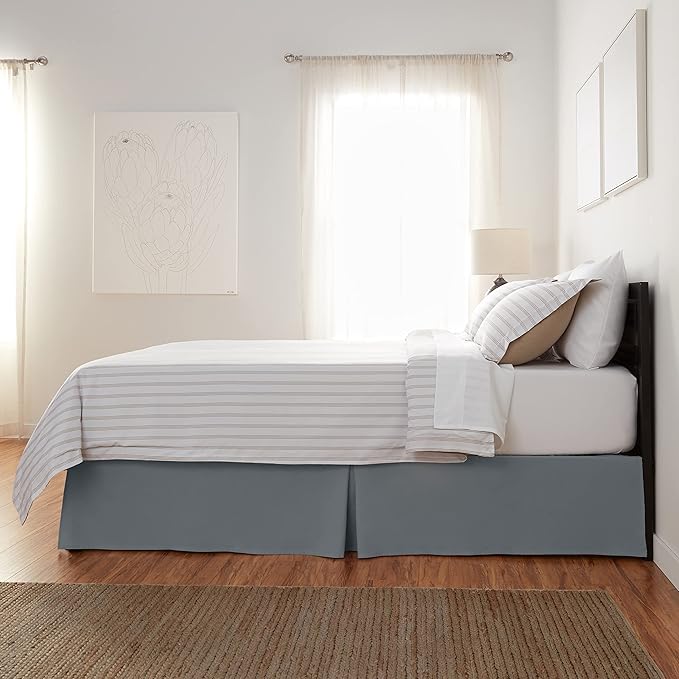 Amazon Basics Lightweight Pleated Bed Skirt, Machine Washable, Wrinkle and Fade Resistant, Queen, Dark Grey