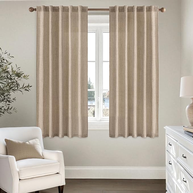 MIULEE Faux Linen Curtains 63 Inch Length 2 Panels Natural Copper Brown Semi Sheer Curtain with Back Tab Rod Pocket, Light Filtering Window Privacy Burlap Drapes for Living Room Bedroom 42W x 63L