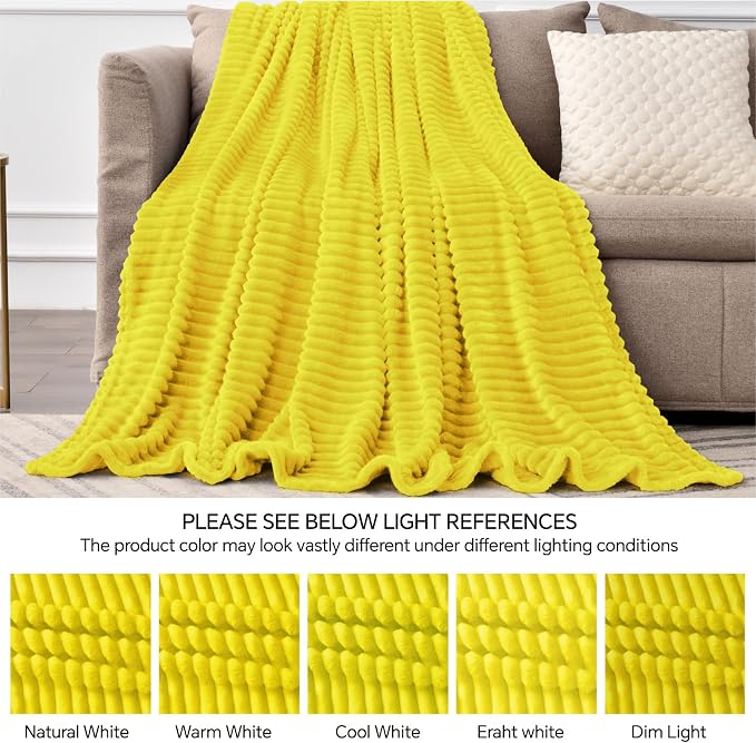 BEDELITE Ribbed Jacquard Yellow Fleece Throw Blanket for Couch, 50x60 Inch | Soft Warm Decorative Fluffy Blanket, Cozy Plush Lightweight Fuzzy Throw Blanket for Bed Sofa Home Room Decor, Gift for Women