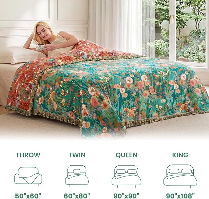 MSGKV Boho Throw Blanket 60"x80" 100% Cotton Floral Blanket for Couch Sofa | 100% Cotton Throw, Floral Pattern, Muslin Blanket, Summer Breathable, Farmhouse Home Decor, All Seasons, Machine Washable