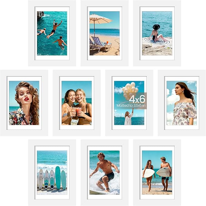 upsimples 4x6 Picture Frame Set of 10, Display Pictures 3.5x5 with Mat or 4x6 Without, Multi Photo Frames Collage for Wall or Tabletop Display, White