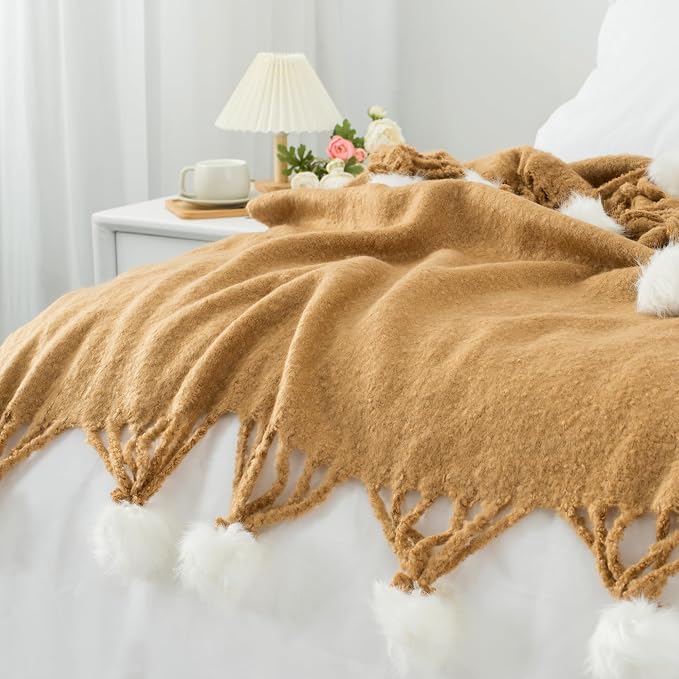 Camel Pom Pom Throw Blanket for Couch, 50"X60" Soft Lightweight Knitted Farmhouse Decorative Blankets for Bed and Sofa