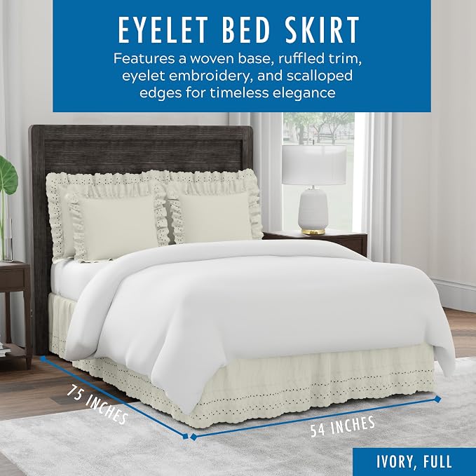 Fresh Ideas Eyelet Bed Skirt, Ruffled Design, 14 Inch Drop, Embroidered Scalloped Edge, Full, Ivory