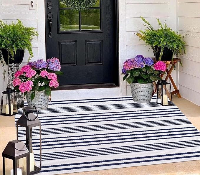 BUAGETUP Blue and White Outdoor Rug 3'x 5' Hand-Woven Cotton Washable Rug Striped Front Porch Rug Indoor/Outdoor Area Rug Floor Mat for Farmhouse/Layered Door Mats/Living Room