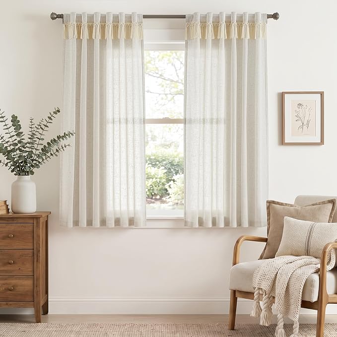 jinchan Linen Curtains for Living Room Bedroom Light Filtering Semi Sheer Curtains Boho Farmhouse French Country Cottage Core Decor Window Drapes Back Tab 63 Inch Length Tassel Beige