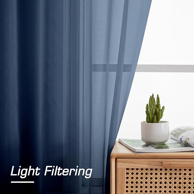 Simplebrand Blue Sheer Curtains 63 Inch Length 2 Panels, Rod Pocket Solid Color Window Sheer Curtain Panels, Elegant Curtains & Drapes for Living Room, Bedroom 2 Panels (Navy Blue, 42" W x 63" L)